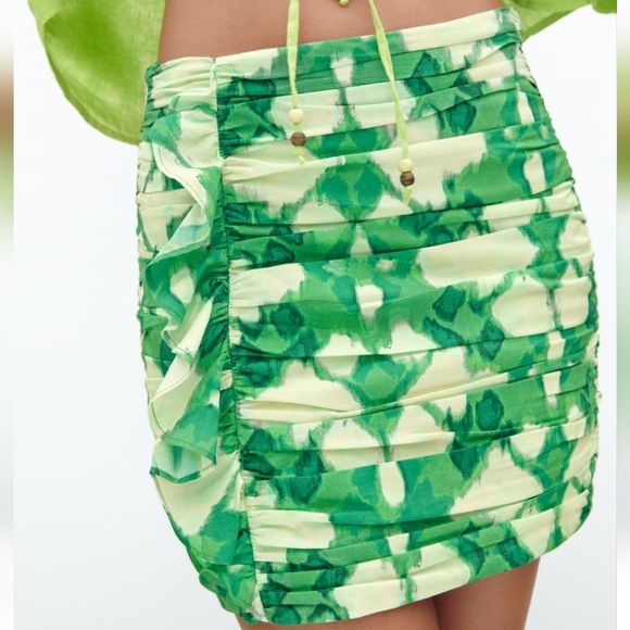 Ruffed Printed Mini Skirt Zara Green S - Picture 5 of 13